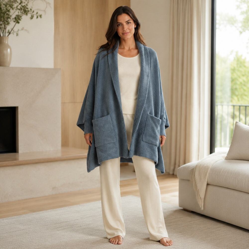 Cozy Luxe Blanket Wrap Barefoot Dreams CozyChic NWT One Size Dusty Slate Blue